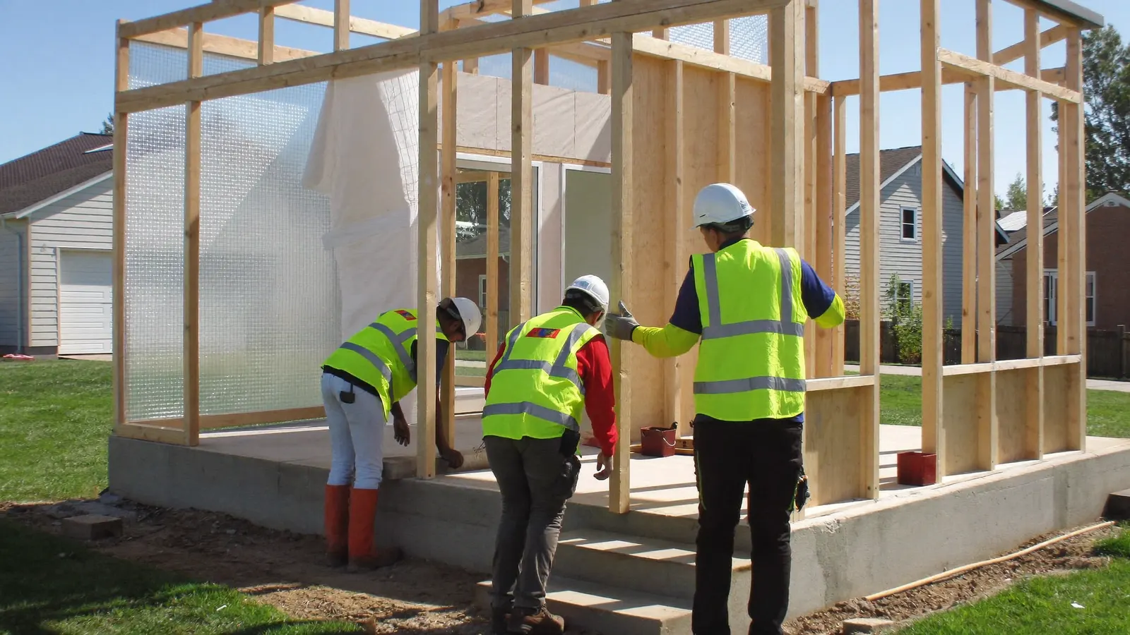 Australian construction crew in hard hats and high-vis building a timber frame on a concrete slab