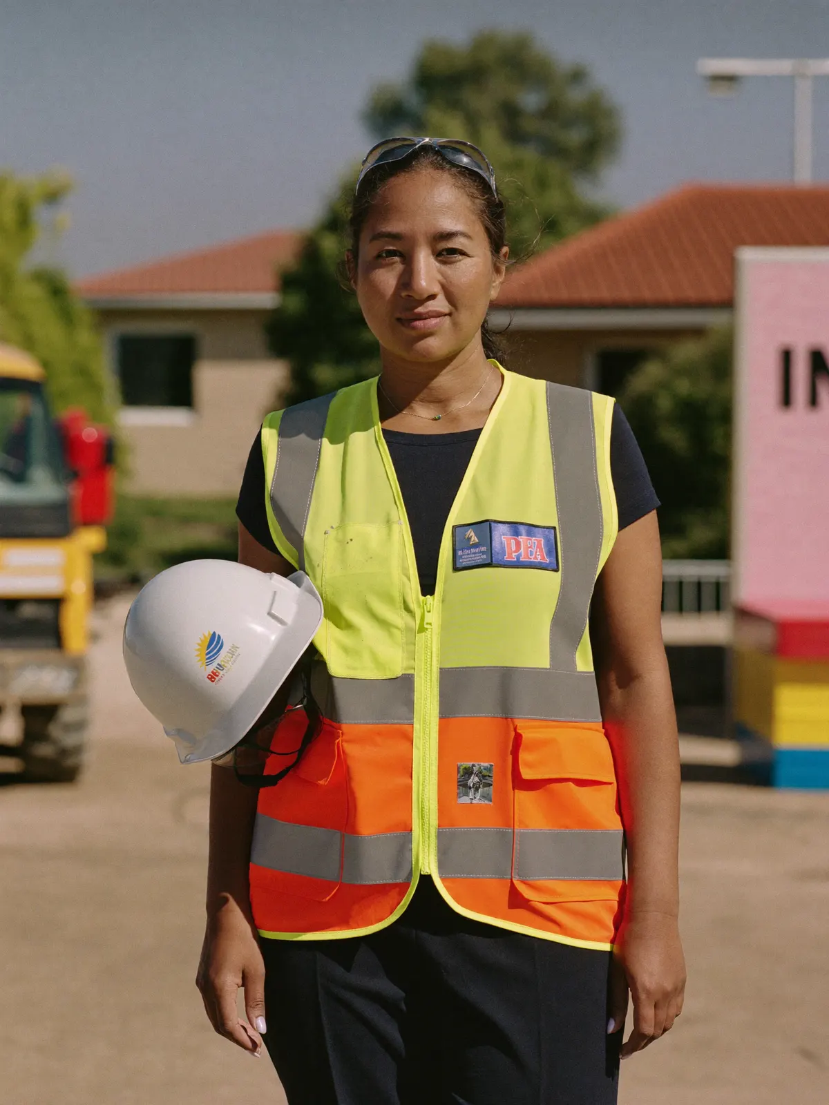 Australian site engineer in two-tone high-vis vest holding a white hard hat