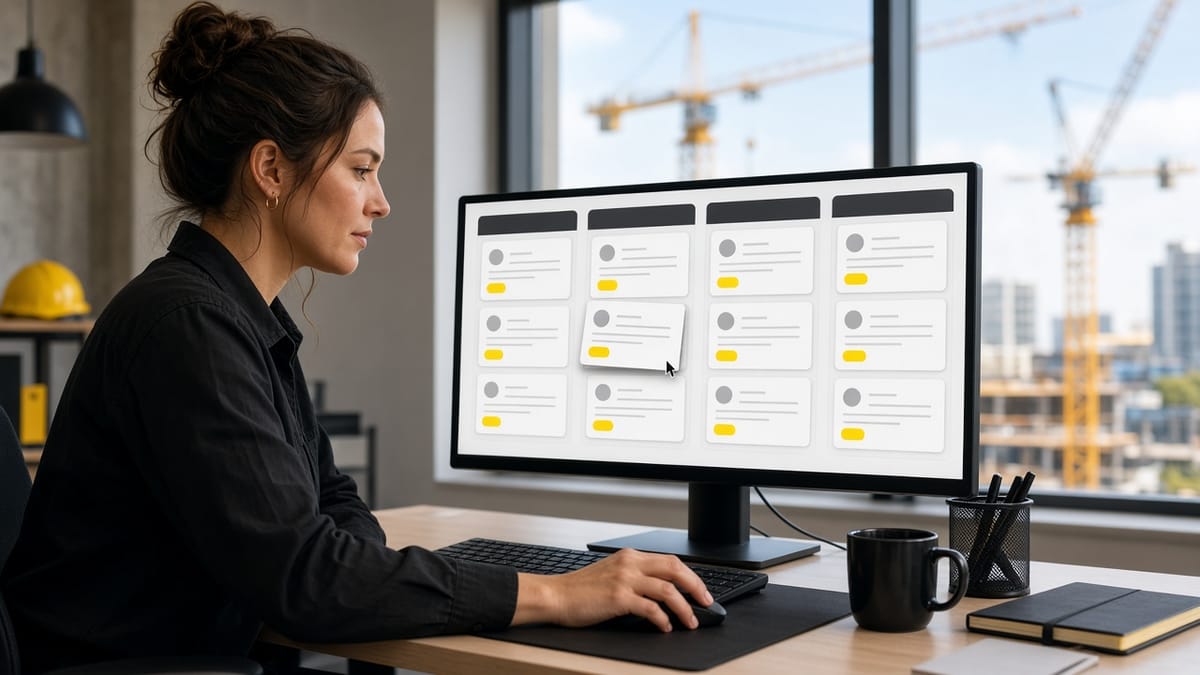 Project coordinator at a desk dragging candidate cards across a four-column board on a large monitor, cranes outside the window