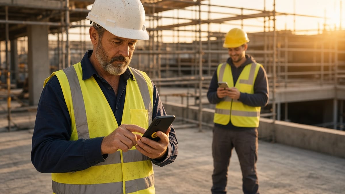 Site supervisor tapping Hire on his phone while a young labourer in the background smiles at a new notification