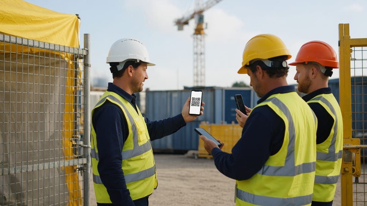Site supervisor at a construction gate holding up a phone with a QR code while two workers scan it