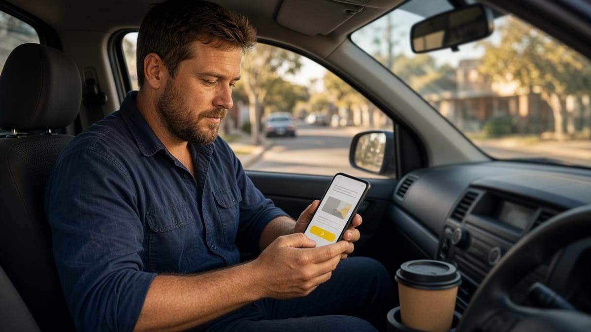 Tradie in a navy work shirt sitting in his ute, preparing an invoice on his phone after work