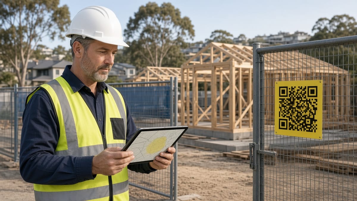Supervisor in a white hard hat at a site gate checking a site map on a tablet, with a yellow QR sign on the fence