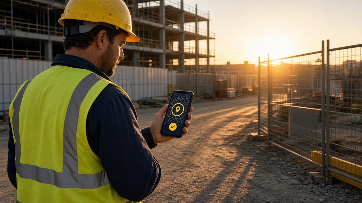 Construction worker in hi-vis and hard hat arriving at a site at sunrise, checking in on a phone with a location pin