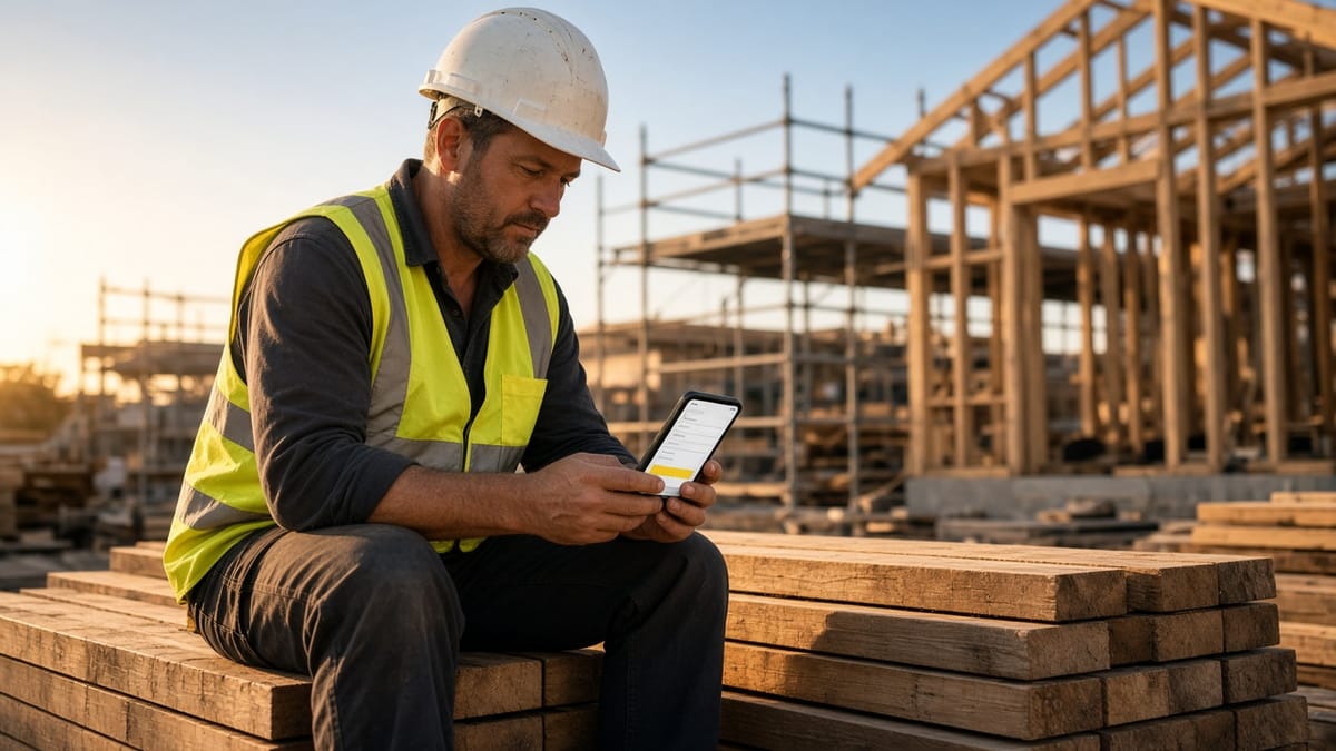 Labourer in hi-vis and hard hat sitting on timber at a building site, entering his hours on a phone