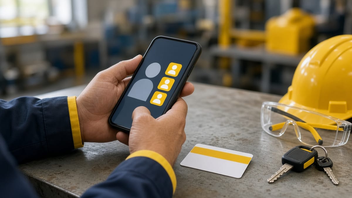 Worker photographing a credential card with his phone on a workbench next to a hard hat, safety glasses and forklift keys