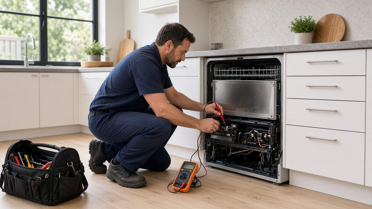 Technician testing the wiring of an open dishwasher with a multimeter