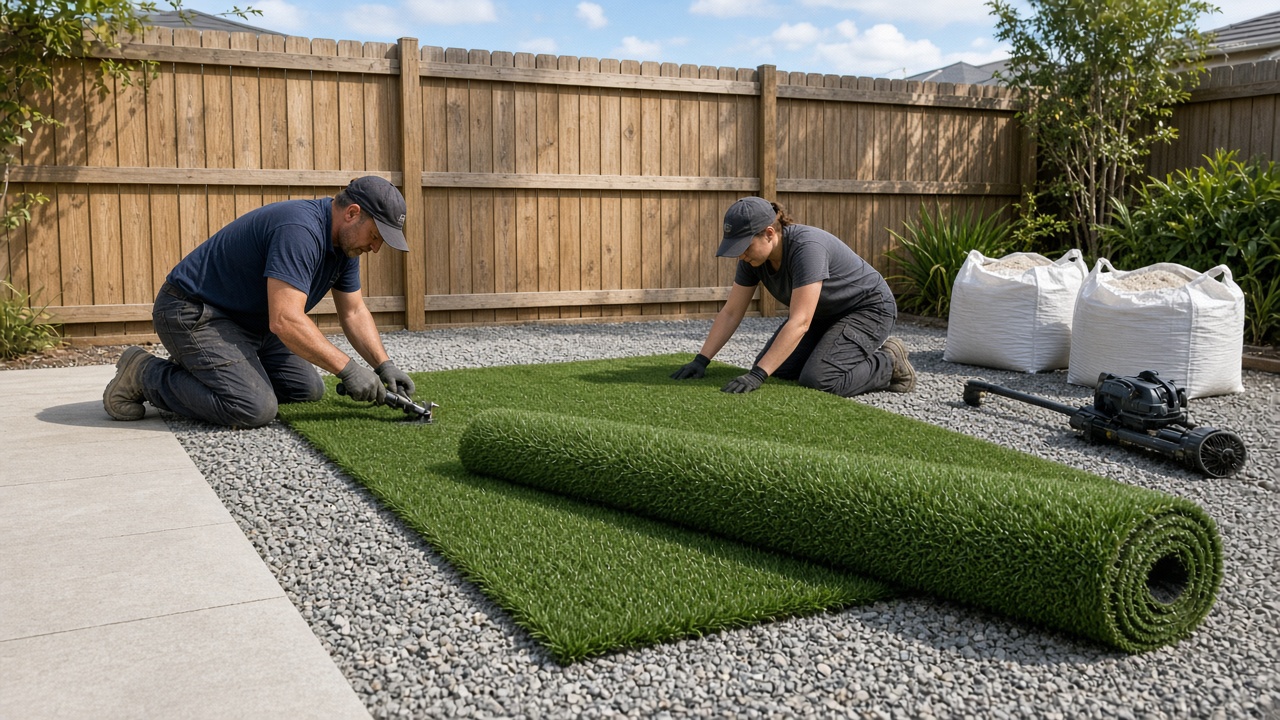 Two installers trimming and rolling out synthetic turf over a crushed rock base