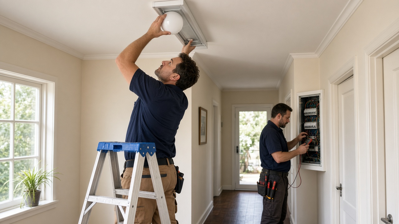 Licensed electrician installing a ceiling fan while a handyman mounts a TV bracket, showing can a handyman do electrical work