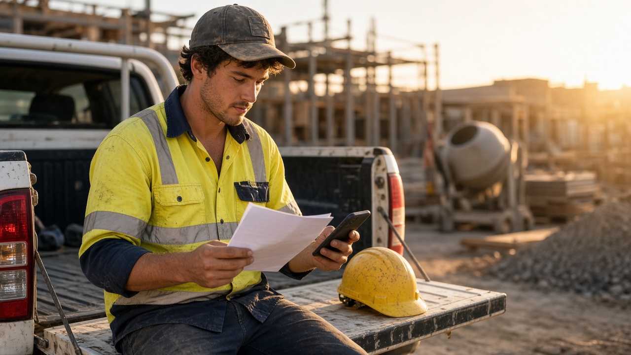 Construction labourer checking paperwork on site, illustrating whether a labourer can have an ABN