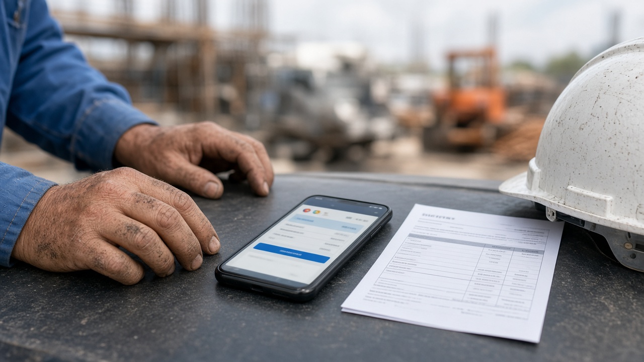 Builder handing a payslip to a labourer on site, illustrating legal ways to pay a labourer cash in hand