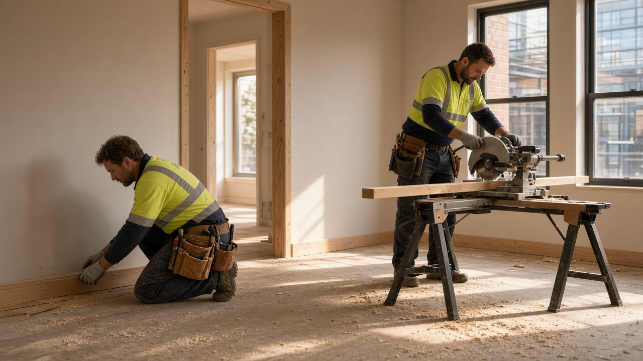 Carpenter hourly rate Australia: carpenter fitting an architrave on a new home fix-out