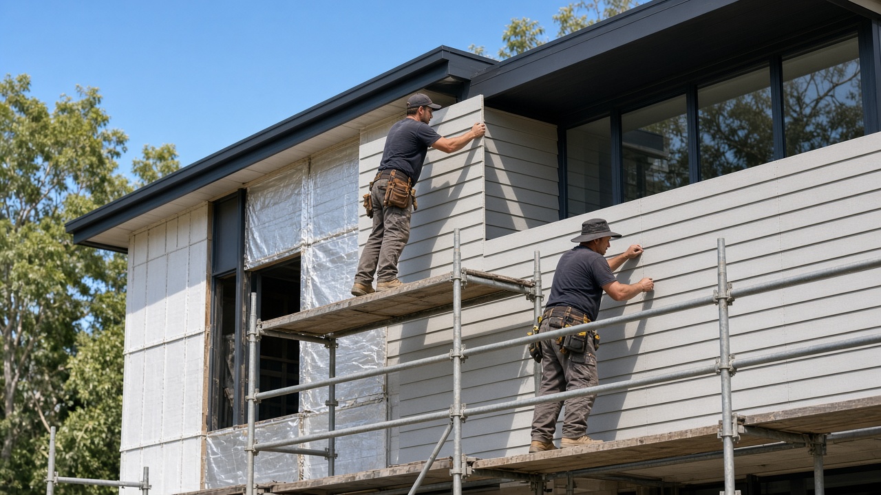 Carpenters on scaffolding fixing fibre cement weatherboards to a two-storey house