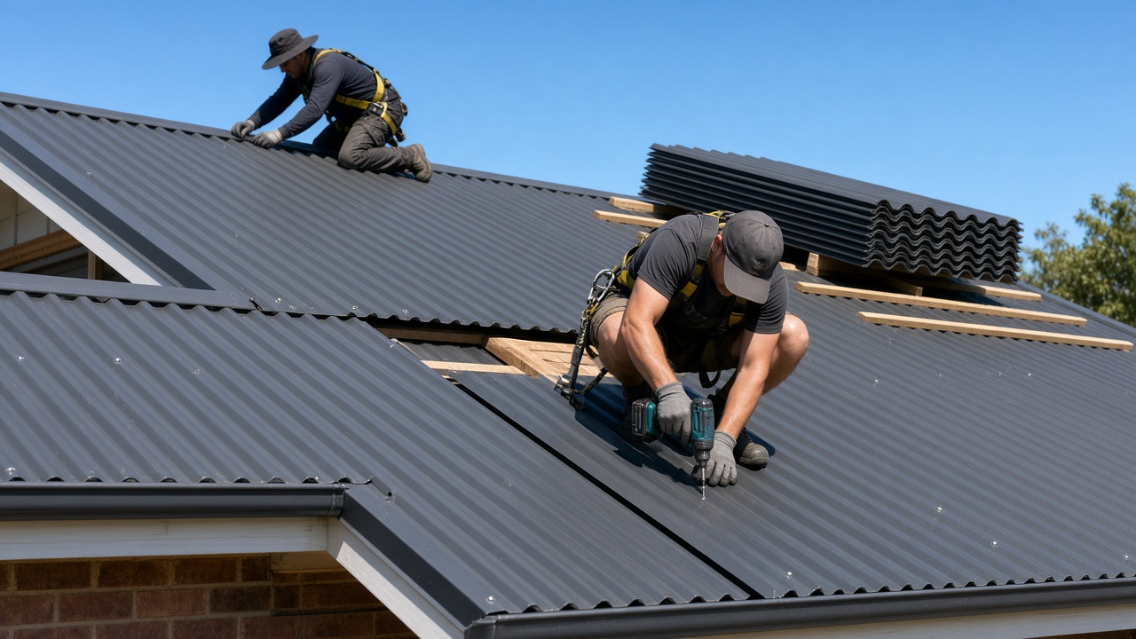Roofers in harnesses screwing down dark corrugated steel roof sheets on a house