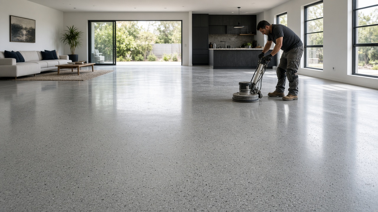 Tradesman running a floor grinder over a polished concrete floor in an open-plan home