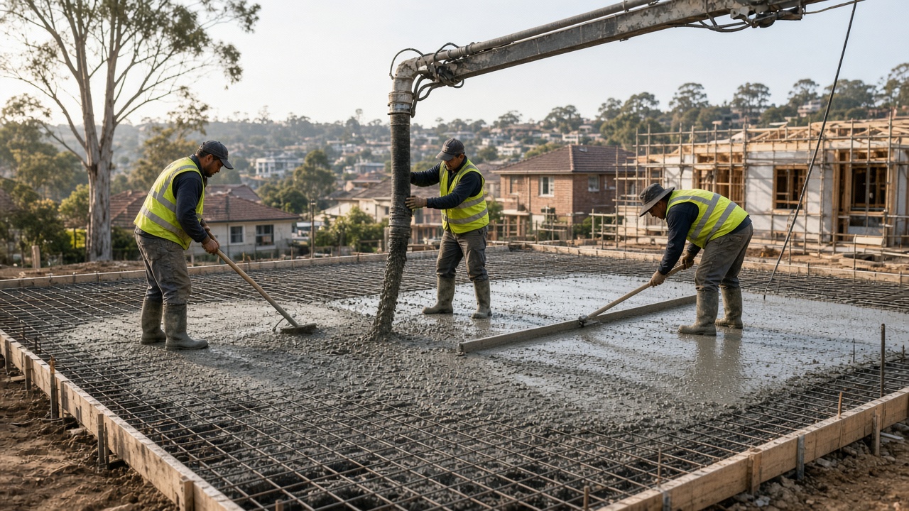 Concreters pouring and screeding a house slab over steel mesh from a pump line