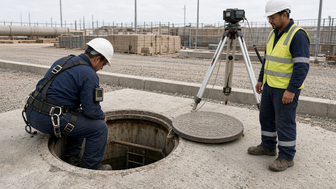 Worker in harness at a pit entry with a gas detector and standby person, showing confined space ticket training