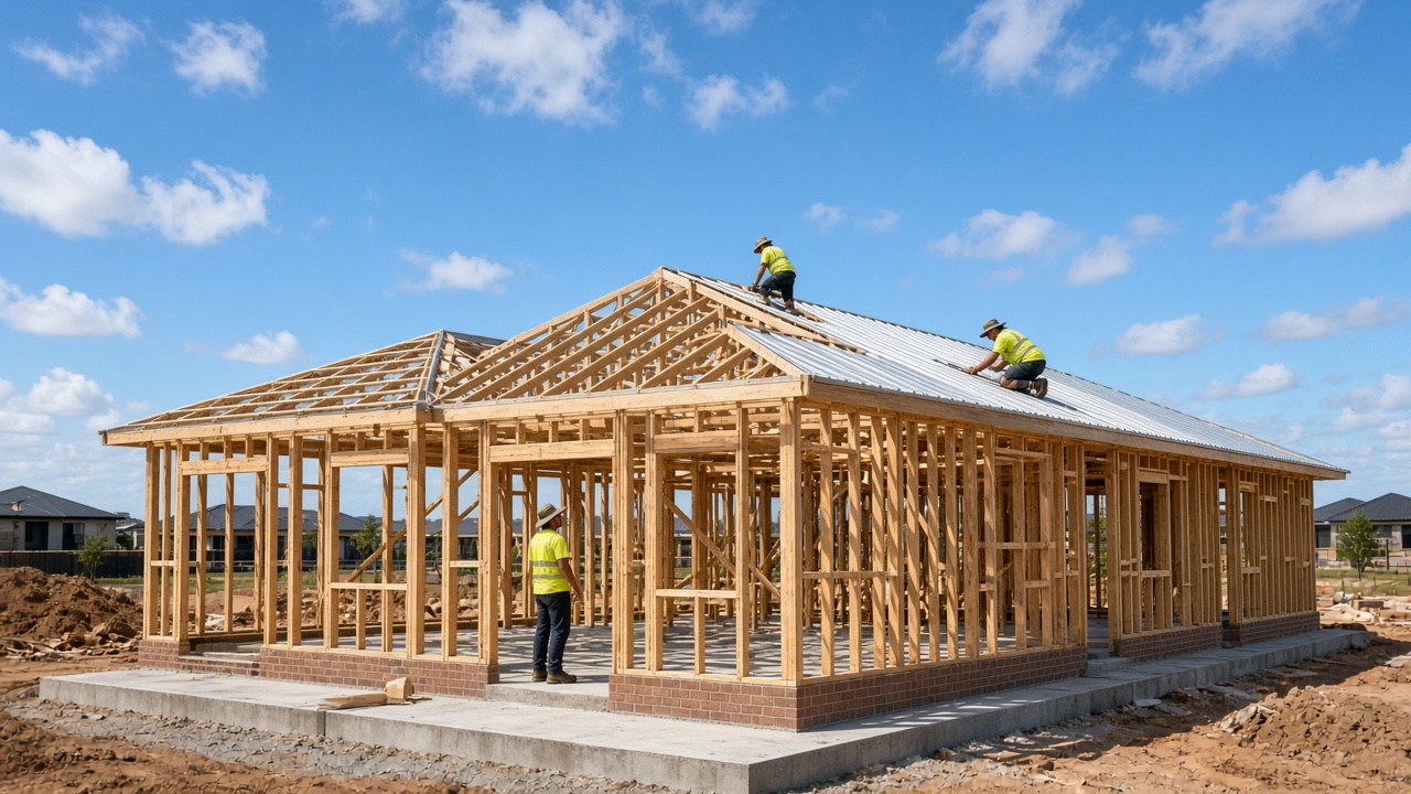 New house at frame stage with roofers fixing metal roof sheets in a new estate