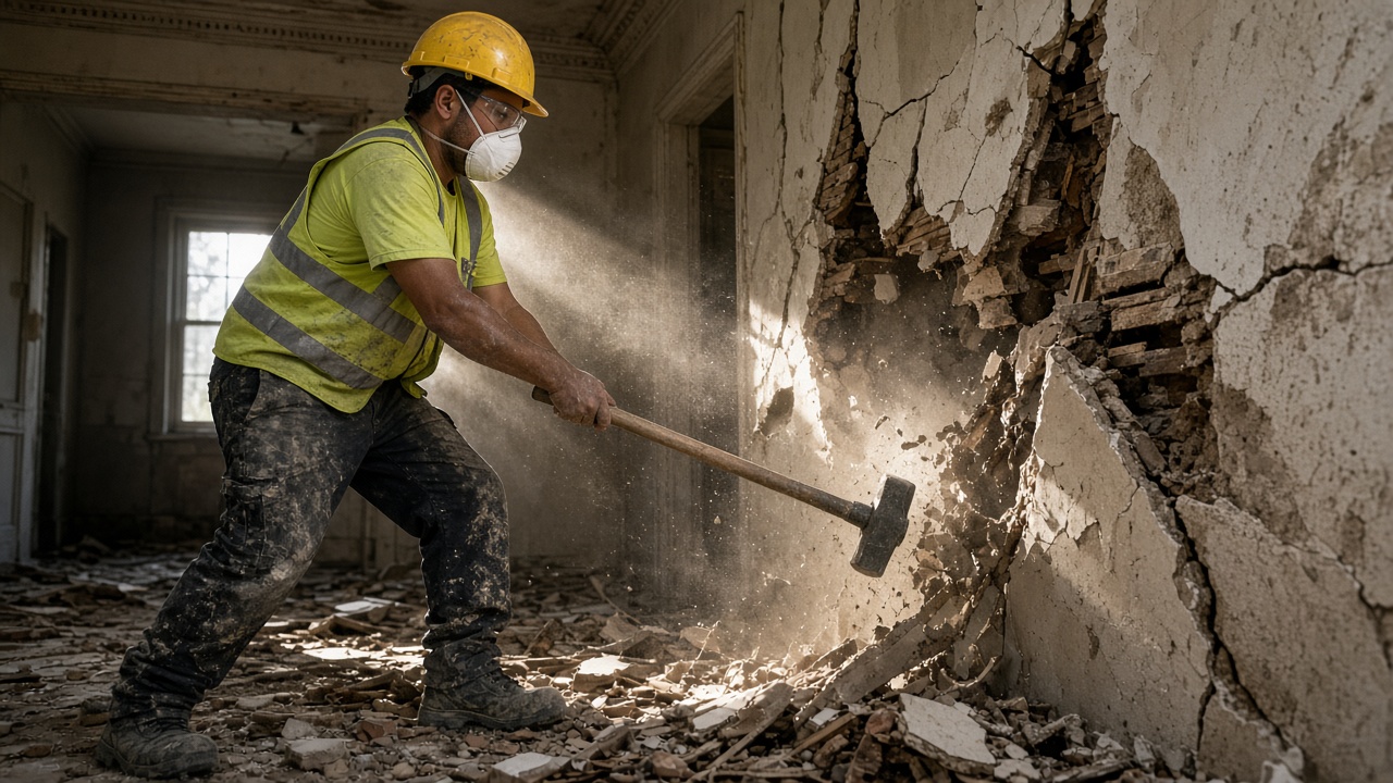 Demolition labourer in PPE stripping out an office ceiling on a commercial fit-out site