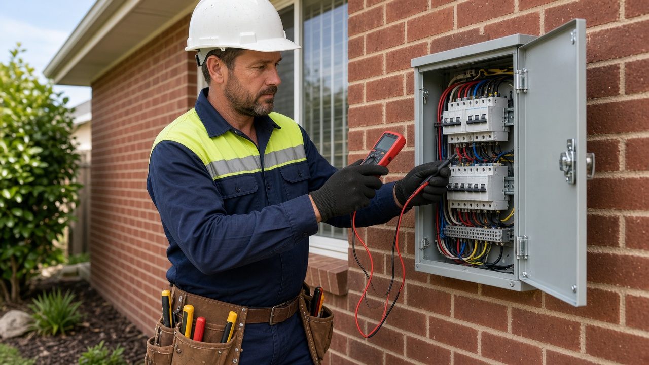 Electrician in hi-vis testing circuits at an outdoor switchboard on a brick house