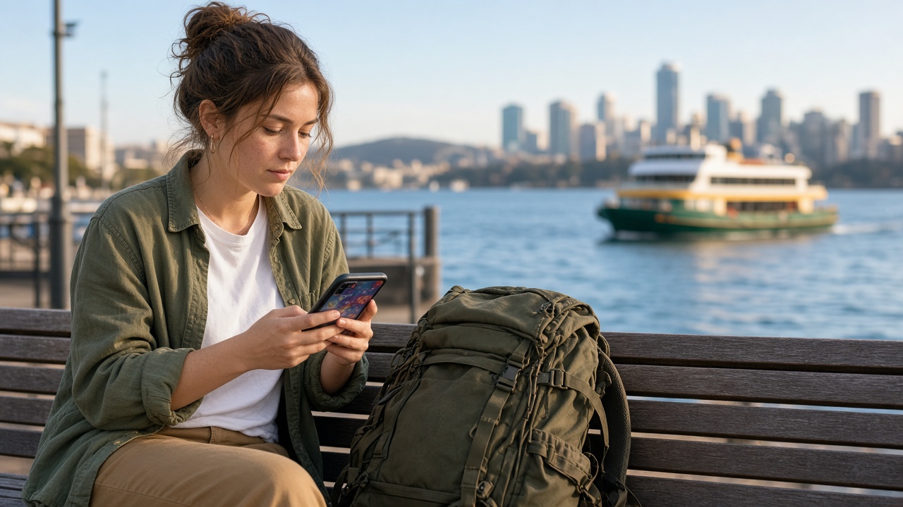 Backpacker sitting on a bench at Circular Quay checking apps on her phone with a Sydney ferry behind her