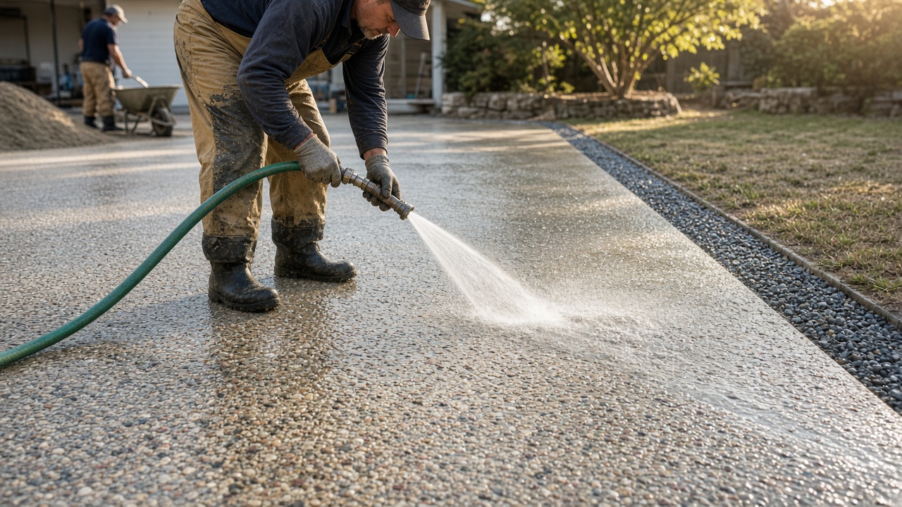 Concreter hosing the surface off a fresh exposed aggregate driveway to reveal the pebbles