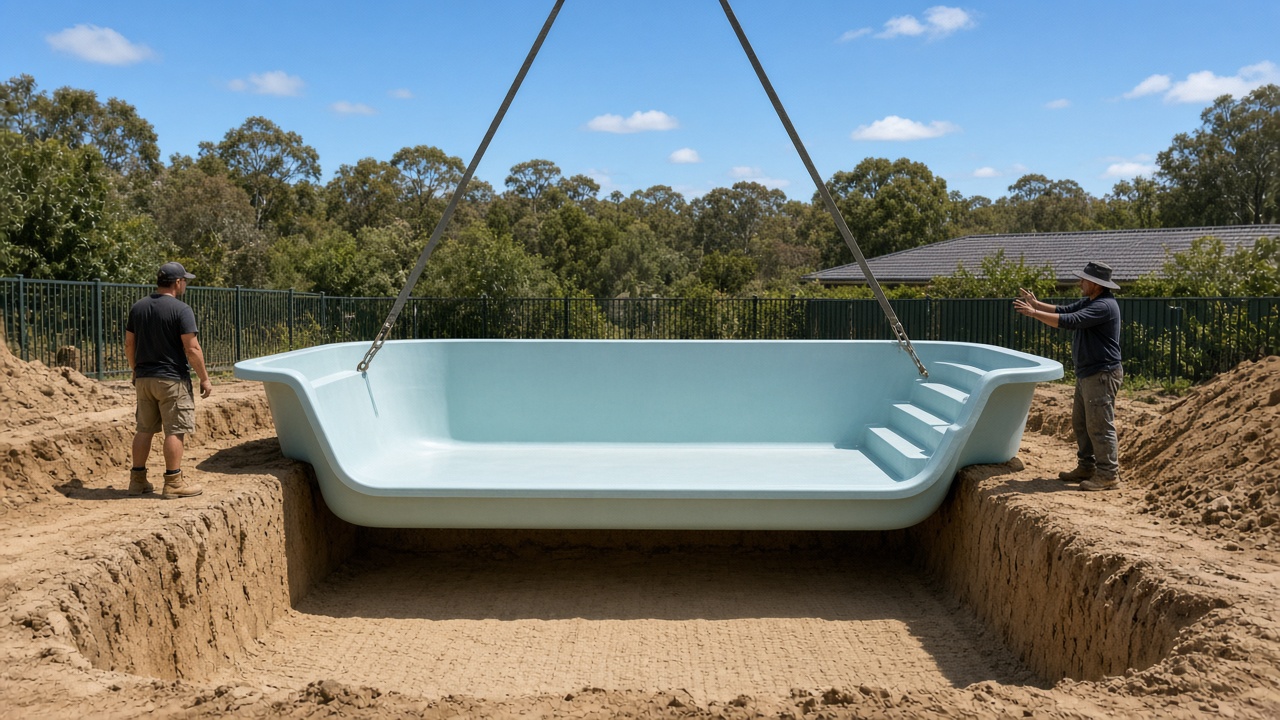 Crane lowering a one-piece fibreglass pool shell into an excavated backyard