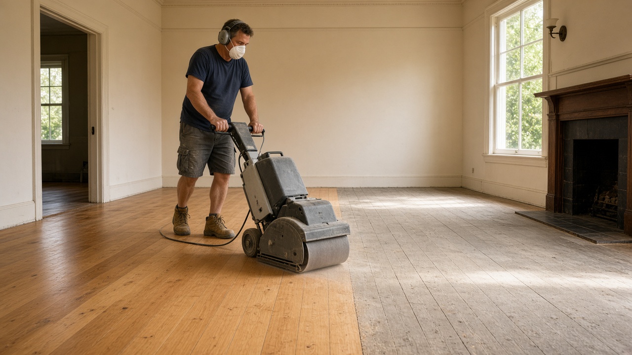 Floor sander working across old timber floorboards in an empty room, half sanded