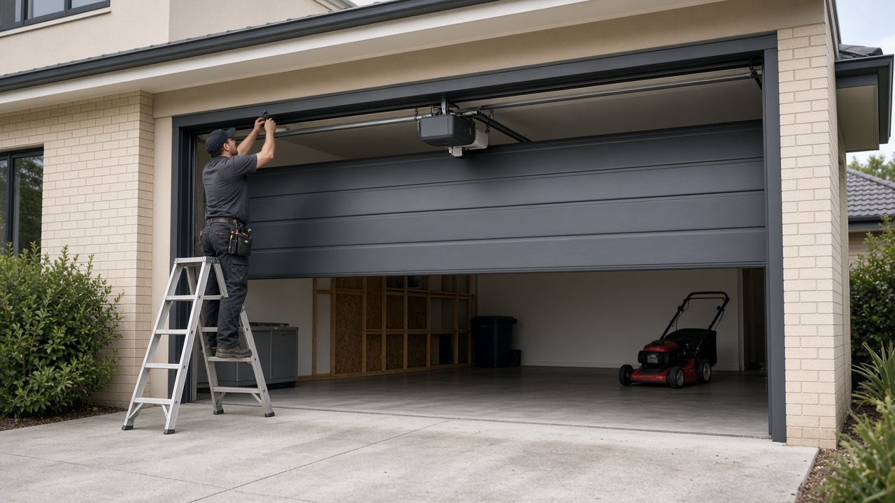 Technician on a ladder fitting the motor of a new charcoal sectional garage door