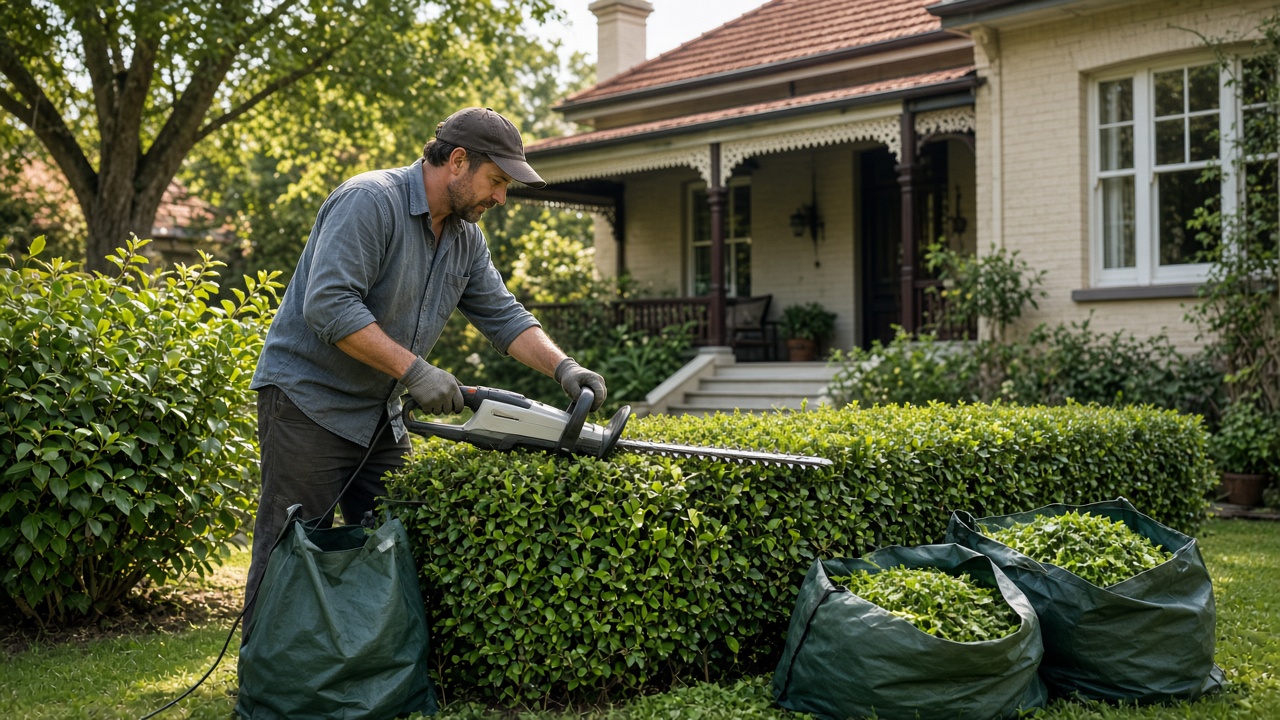 Gardener hourly rate Australia: gardener trimming a hedge in a suburban front yard
