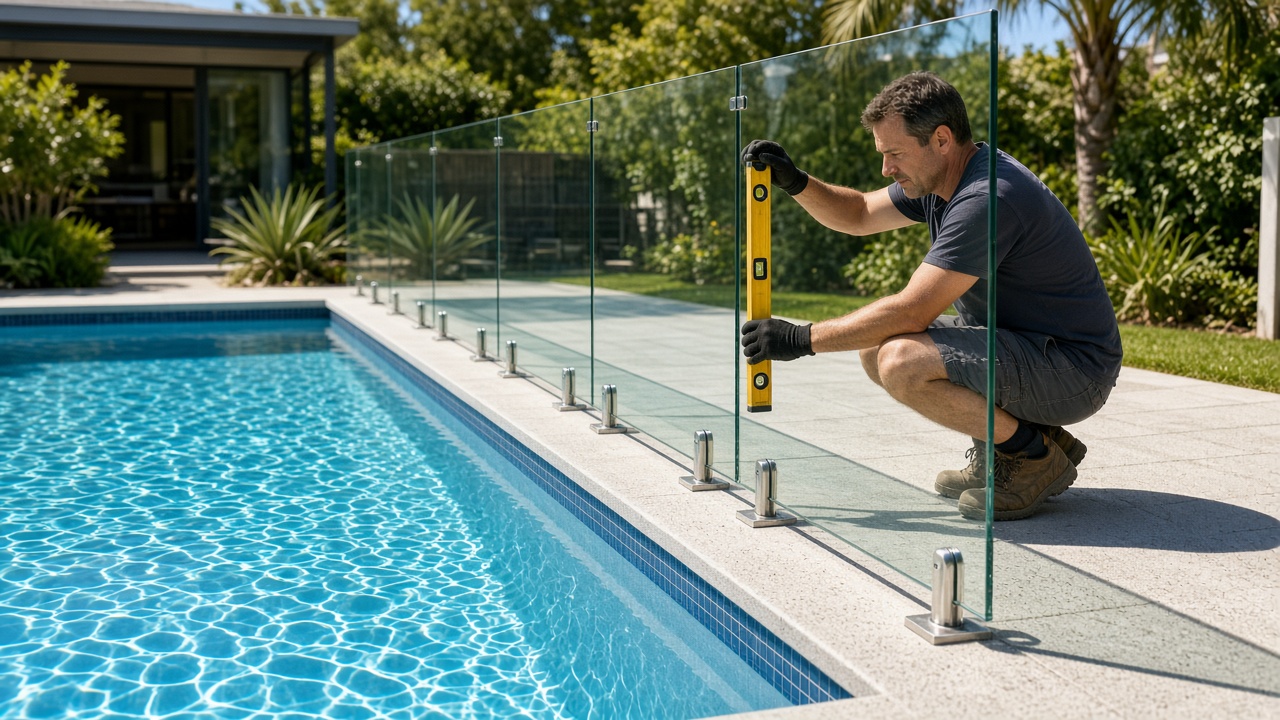 Installer checking a frameless glass pool fence panel with a spirit level