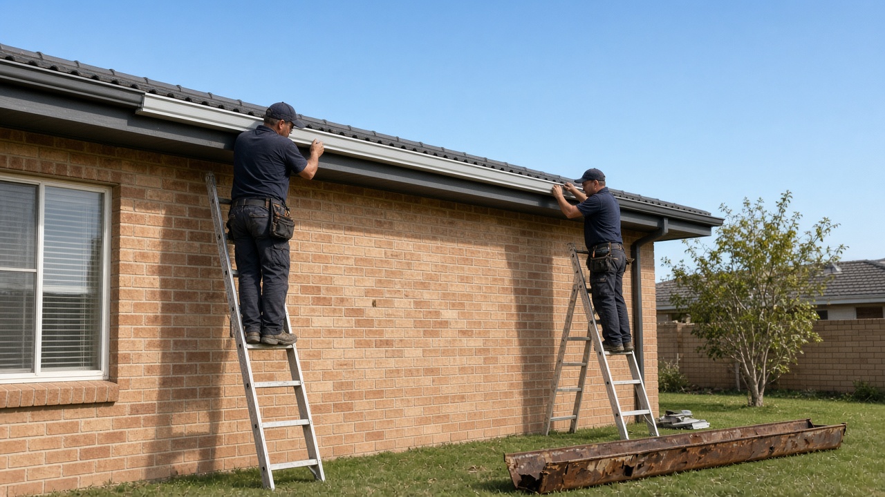 Two tradesmen on ladders fitting new gutters to a brick house with the old rusted gutter on the lawn