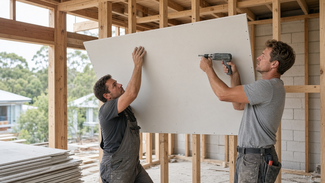 Two plasterers holding up a plasterboard sheet and screwing it to a timber frame