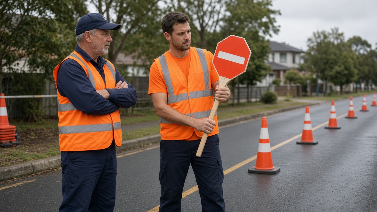 Traffic controller with a stop-slow bat at a roadworks site, showing how to become a traffic controller in Australia