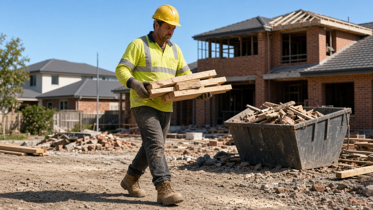 Labourer day rate Australia: site labourer in hi-vis loading a wheelbarrow on a residential build