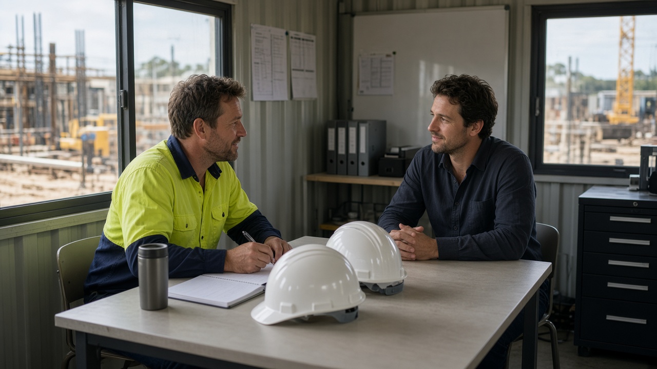 Site supervisor interviewing a labourer in hi-vis beside a site office, illustrating labourer interview questions and answers
