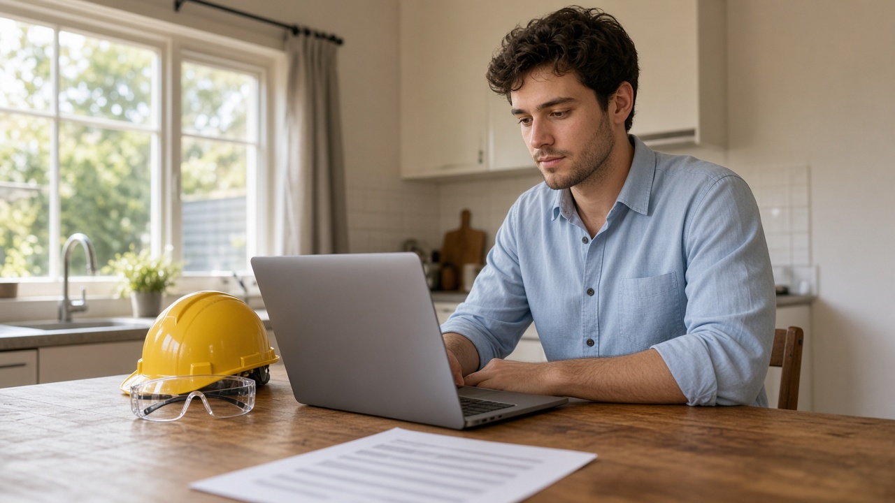 One-page labourer resume example on a clipboard next to a white card and safety glasses
