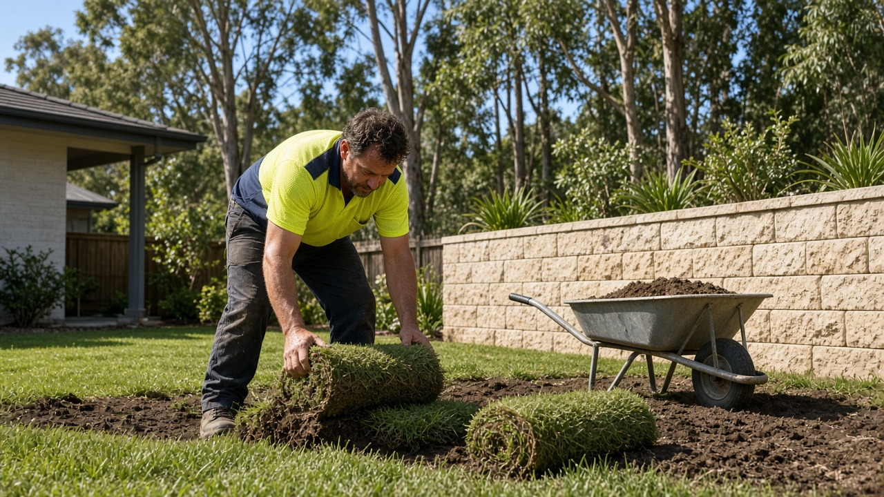 Landscaper hourly rate Australia: landscaper laying turf in a suburban backyard
