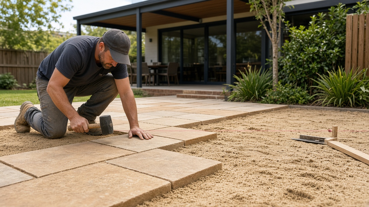 Paver tapping sandstone-coloured pavers into a sand bed on a backyard patio