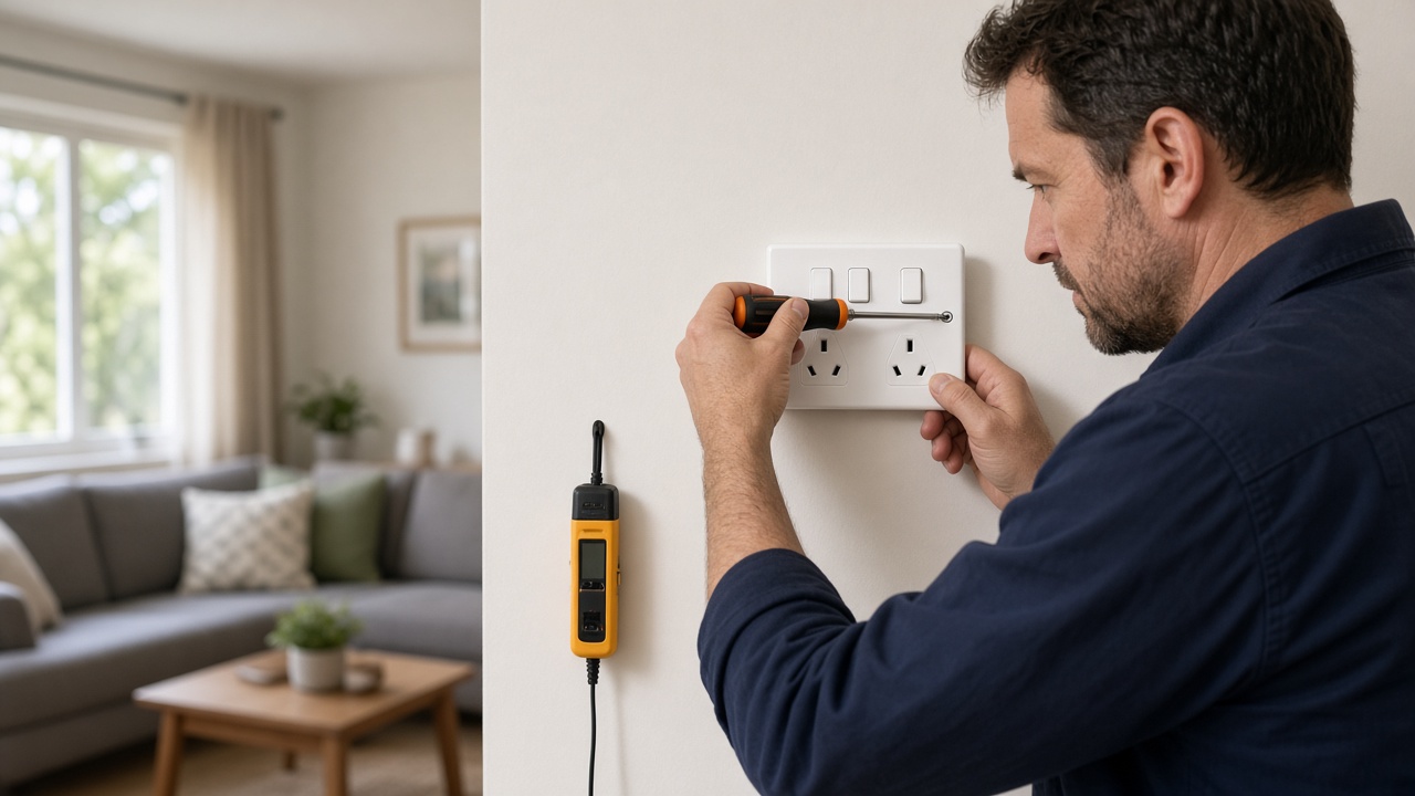 Electrician screwing a new double power point onto a living room wall
