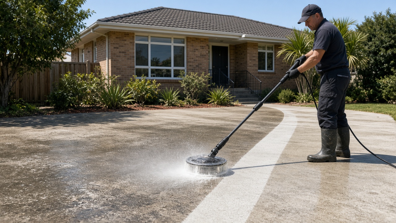 Worker using a rotary surface cleaner on a stained concrete driveway