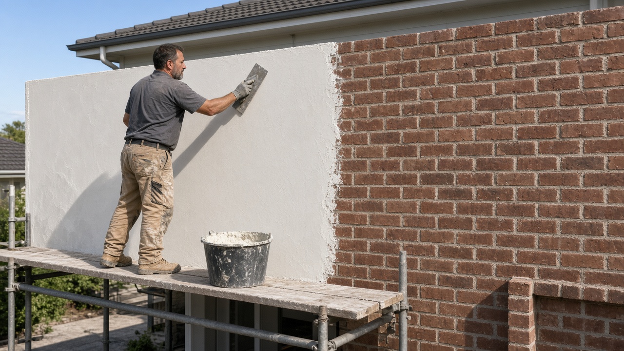 Renderer on a scaffold trowelling off-white render over a brick wall, half finished