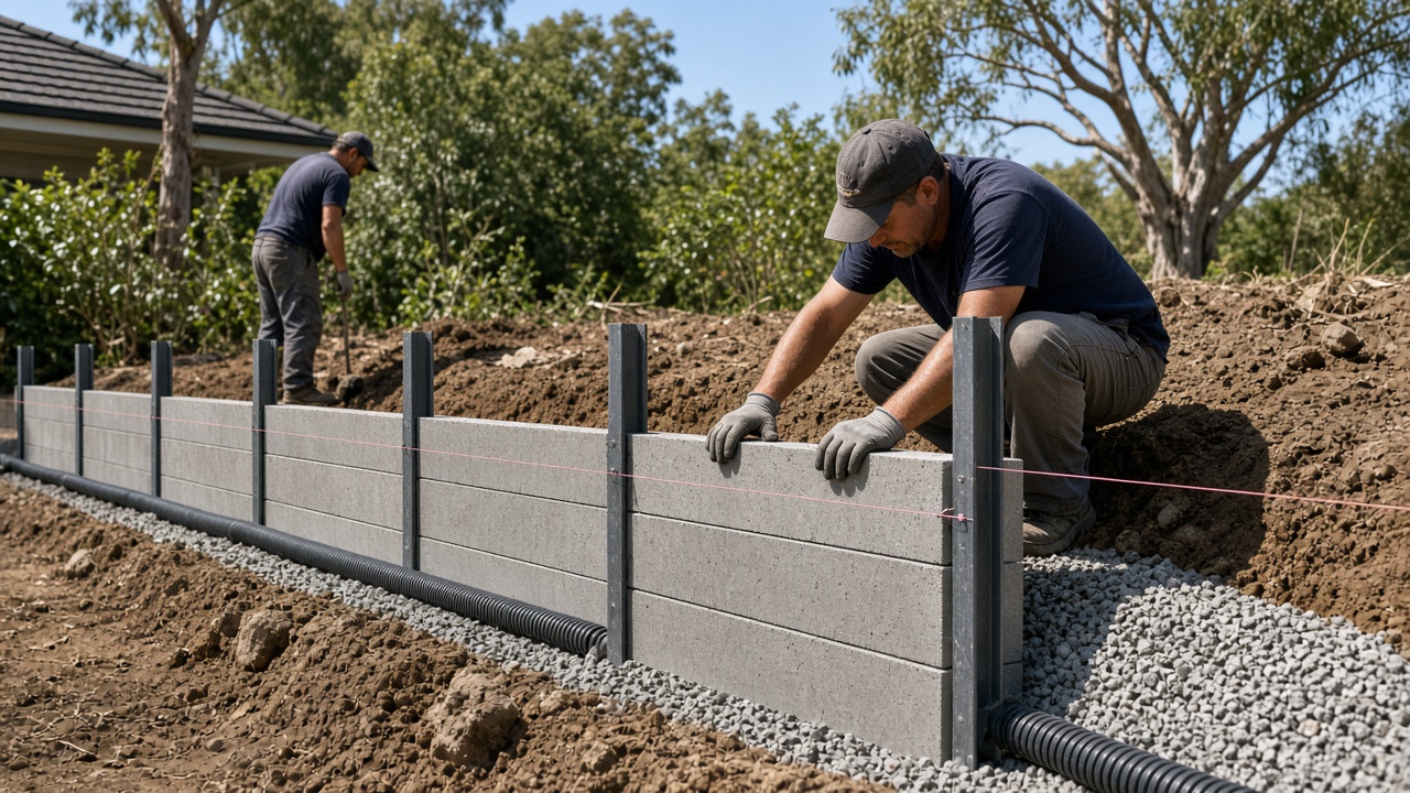 Landscapers building a concrete sleeper retaining wall with drainage pipe and gravel behind