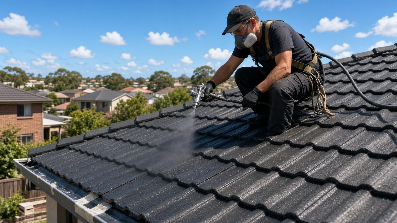 Painter in a respirator spraying charcoal coating onto concrete roof tiles