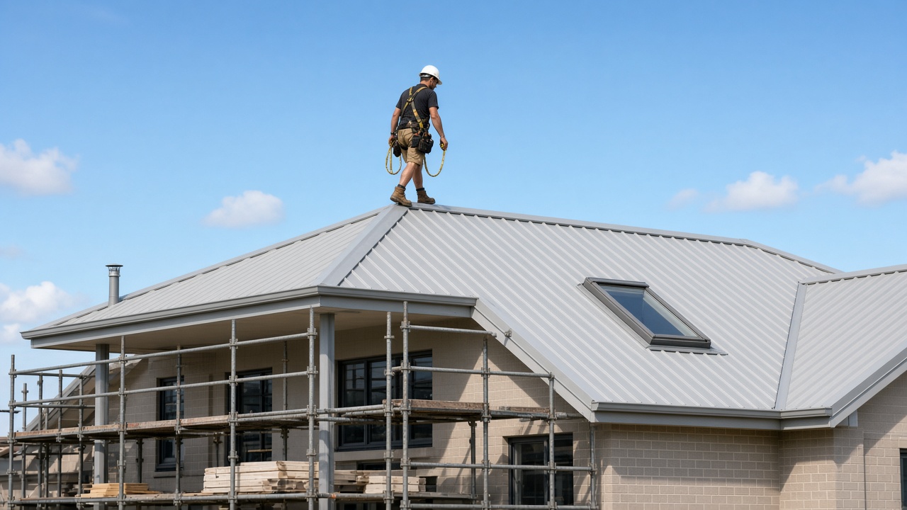 Roofer in a harness walking the ridge of a new light grey metal roof above scaffolding