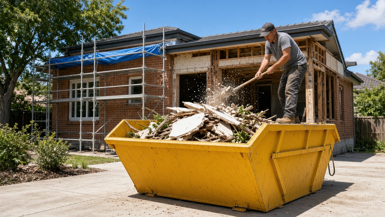 Worker loading renovation rubbish into a yellow skip bin on a driveway