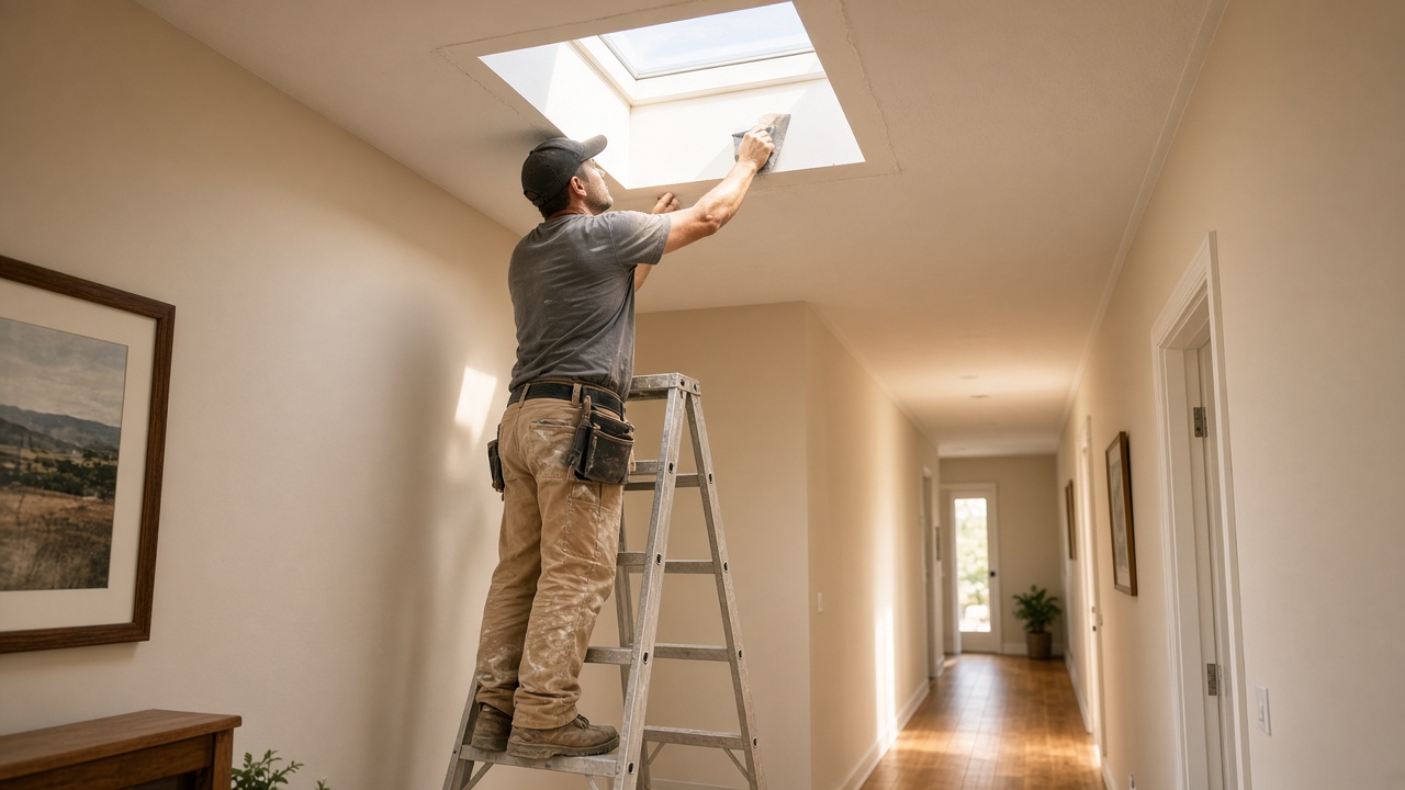 Tradesman on a ladder finishing the plaster around a new skylight in a hallway ceiling