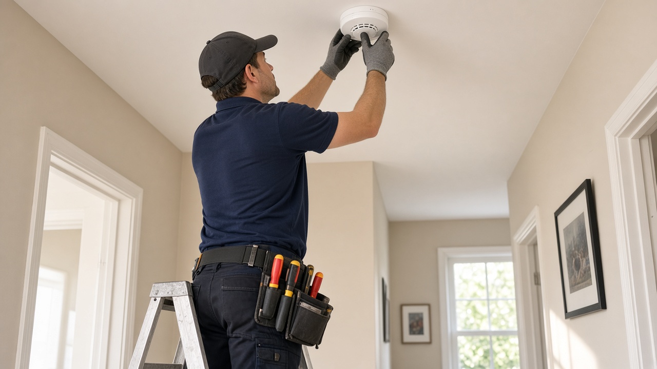 Electrician on a ladder fitting a smoke alarm to a hallway ceiling