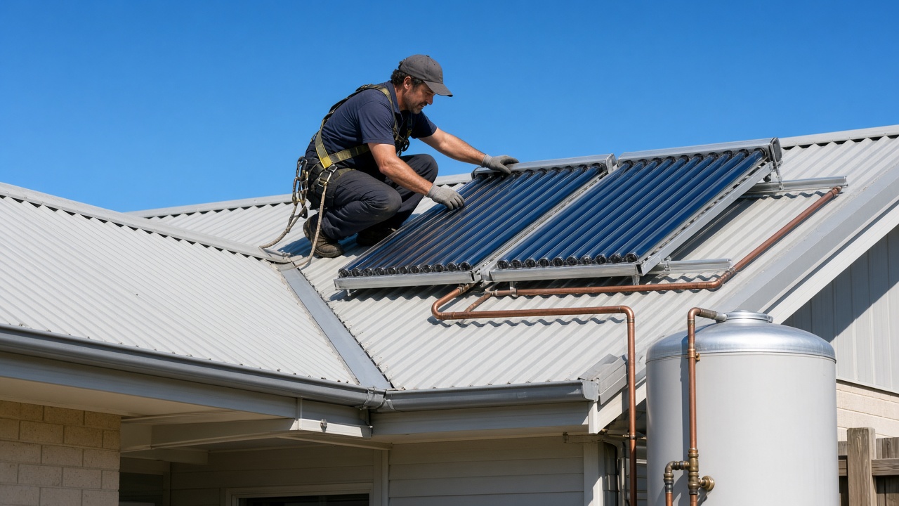 Plumber in a harness fitting evacuated tube solar collectors on a metal roof
