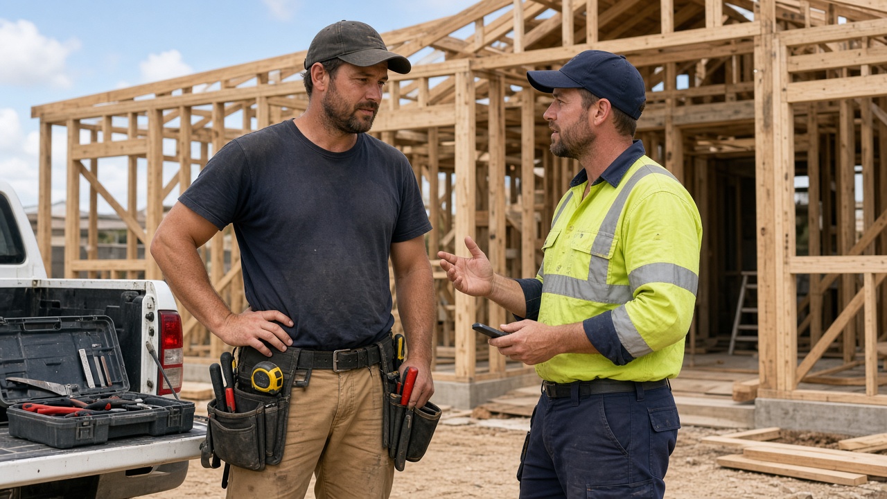 Builder comparing a subcontractor quote and an employee timesheet, illustrating subcontractor vs employee in Australia